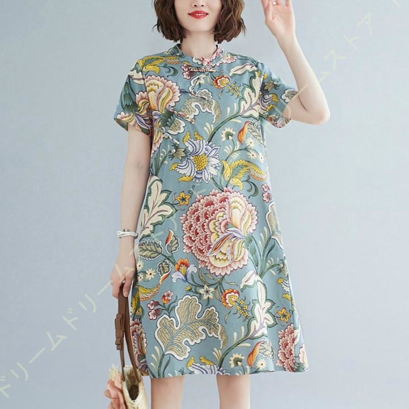 チャイナドレス 綿麻 ワンピース レディース ひざ丈ワンピース