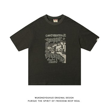 悟空有貨復古人像印花短袖T恤歐美潮牌嘻哈寬松情侶休閑短tee男女
