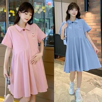 孕婦短袖裙子 月子服連衣裙 懷孕期寬鬆 中長款孕婦裙 孕婦polo裙 短袖哺乳裙 月子連衣裙 寬鬆孕婦裝 中長款孕婦衣