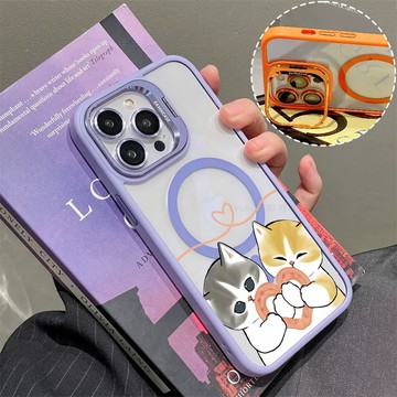 情侶愛心貓咪磁吸手機殼 金屬鏡頭支架 保護殼 適用於iPhone 17 16 15 14 13 12 11 Max防摔殼