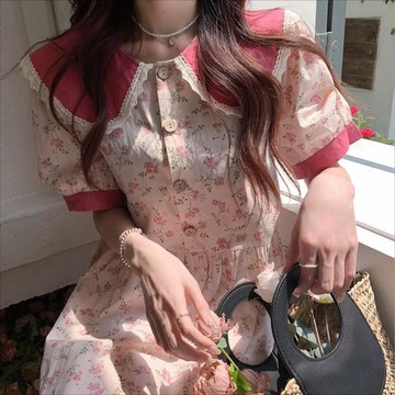 特大碼300斤胖mm夏季撞色娃娃領連衣裙女減齡泡泡袖裙子碎花長裙2
