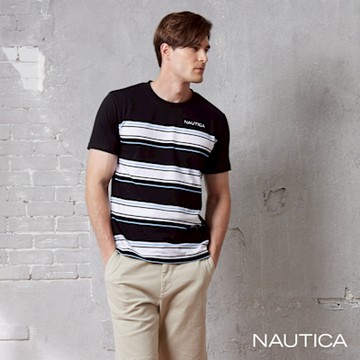 Nautica 男裝 品牌LOGO刺繡條紋短袖T恤-黑色