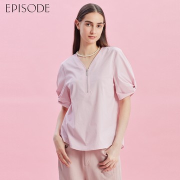 EPISODE - 百搭拉鏈V領棉質短袖上衣E43317（粉）