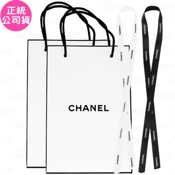 CHANEL 香奈兒 白底緞帶(80cm)+黑底緞帶(80cm)+中紙袋*2(公司貨)