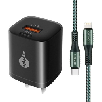 Mystyle 33W氮化鎵PD+QC充電器黑 +CityBoss Type-C to Lightning PD編織耐彎折快充線-綠200cm iphone14 Pro系列快充