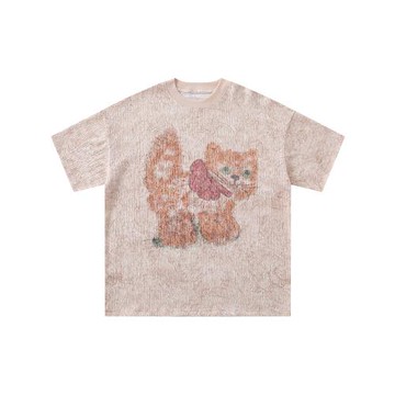 From Mars 橘子貓咪 古著感vibe動物印花粉色寬松百搭短袖T恤男女