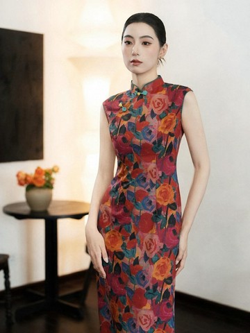 復古花色旗袍洋裝 / 新中式立領修身長裙 / 無袖日常國風女裝