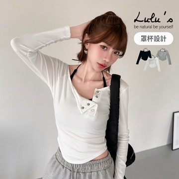 限時下殺/兩件式斜肩排釦上衣+掛脖罩杯BRATOP背心３色【A01250898】