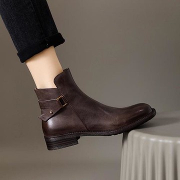 復古圓頭真皮帶扣馬丁靴女秋冬新款切爾西靴側拉鏈粗低跟及踝靴女