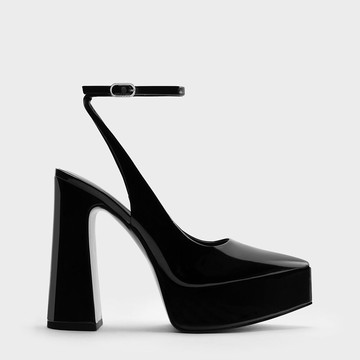 漆皮繞踝厚底粗跟鞋