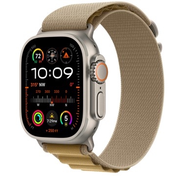 Apple Watch Ultra 2 (GPS + 行動網路)；49 公釐原色鈦金屬錶殼；小麥色高山錶環 - S