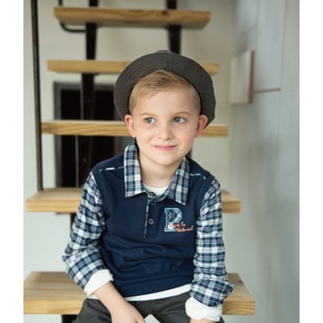 PIPPY格子假兩件翻領長袖上衣 藍 下5折