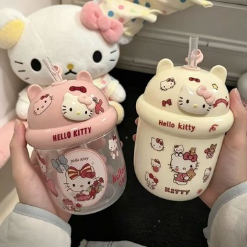 夏季新款kitty高顏值可愛便攜女生水杯 兒童學生水壺吸管塑料杯子 **啾啾水杯**可愛KT貓吸管水杯