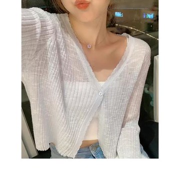 v領冰絲針織開衫女短款夏季薄款空調衫配裙子披肩外搭防曬衣外套