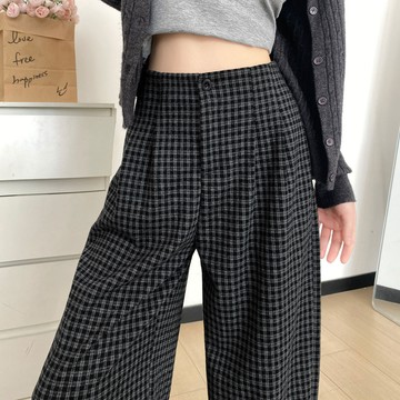 【🍒櫻桃大尺碼】大尺碼黑灰格子闊腿褲女2025新款秋季褲子寬松慵懶風垂感顯瘦直筒休閑褲