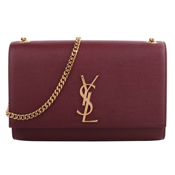 YSL YSL 金字YSL魚子醬皮革金鍊釦式肩/斜背包(深紅)