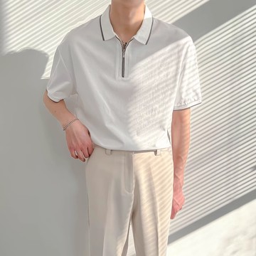 美式復古半拉鍊短袖polo衫男 夏季潮牌寬鬆百搭休閒翻領T恤上衣