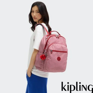 『首爾包』Kipling (網路獨家款)紅白幾何印花機能手提後背包-SEOUL