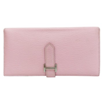 【二手名牌BRAND OFF】HERMES 愛馬仕 櫻花粉色 山羊皮 Bearn 雙折長夾 Z刻 銀扣