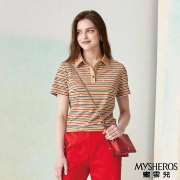 【MYSHEROS 蜜雪兒】經典橫條紋質感水鑽單釦polo衫-梨/駝