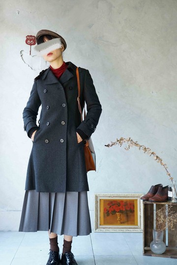 尋寶古著-NEWYORKER深灰實搭長版毛呢風衣外套