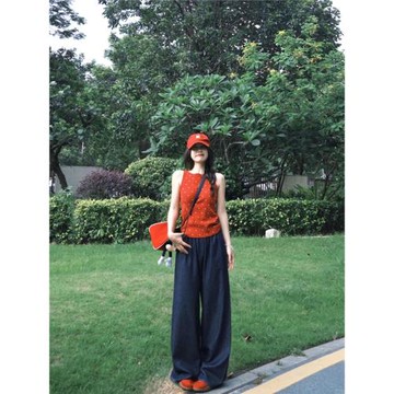 港味復古紅色圓領波點吊帶背心女新款別致外穿冰絲無袖針織上衣夏