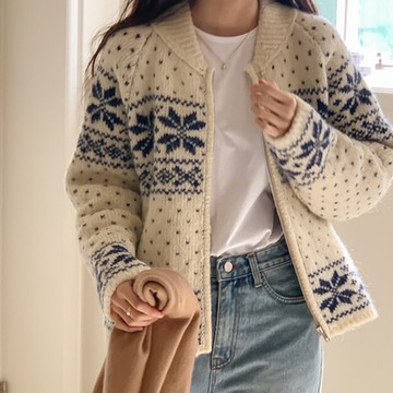 MOCO韓版ins緹花網紅毛衣撞色雪花圖案百搭厚針織拉鏈毛衣外套