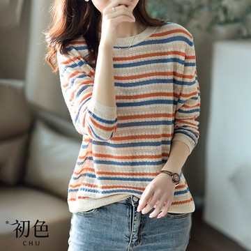 初色  條紋撞色鏤空針織圓領上衣-共2色-64251(M-2XL可選)