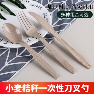 一次性獨立小麥秸稈刀叉勺戶外湯飯外賣甜品派對套裝長柄勺沙拉叉