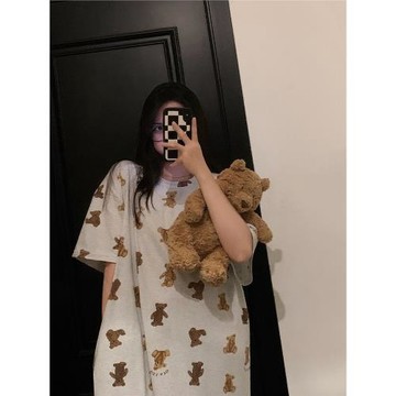 睡裙女2026新款夏季短袖純棉可愛ins小熊睡衣休閑寬松長款家居服