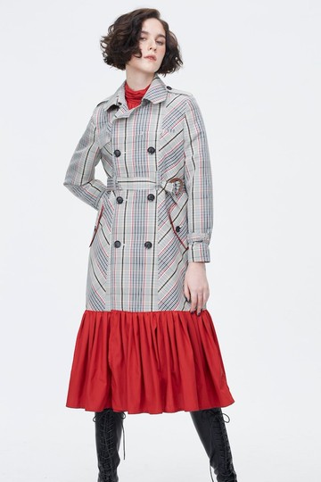 羊毛蠶絲混紡格紋風衣外套