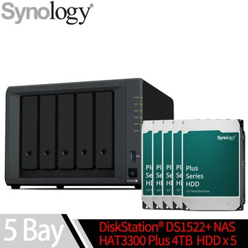 Synology群暉科技 DS1522+ NAS 搭 HAT3300 Plus系列 4TB NAS碟 x 5