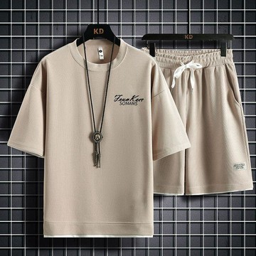 華夫格套裝冰絲短袖男t恤潮流寬鬆上衣2026夏季新款帥氣半袖體恤