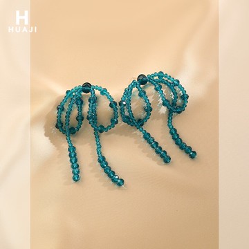 花跡蝴蝶結耳環女超仙氣質長款流蘇藍色水晶耳墜新款潮耳飾夏