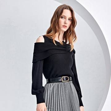 ILEY伊蕾 蝴蝶結扭結挖肩混羊毛翻領針織上衣(黑色；M-XL)1234345004