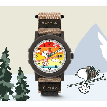 【TIMEX】天美時 x Peanuts Camper Ski 38 毫米 透氣編織 魔鬼氈錶帶腕錶(棕 TXTW4B34900)