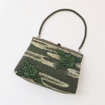 Vintage 珠飾包 深綠色 花卉雲紋 派對包 宴會包 手工製作 珠飾刺繡 復古風