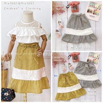 🌈✨直條紋拼接蕾絲長裙 兒童蕾絲造型綁帶長裙 5-17