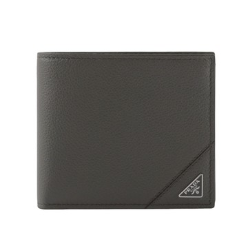 [平輸]PRADA 銀色三角牌Logo 粒紋皮革對開零錢袋短夾(灰色)