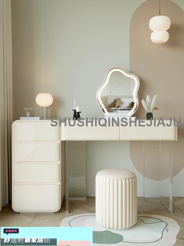 新品免運 輕奢梳妝臺臥室簡約現代小戶型儲物斗柜一體奶油風實木化妝桌書桌