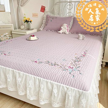 床包組 紫色乳膠涼蓆三件套冰絲空調軟席花邊床笠款床罩床裙款二合一