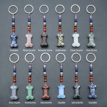 KJ--1506-七彩石雕刻骨頭鑰匙扣-水晶35mm骨頭吊墜diy掛件飾品材料