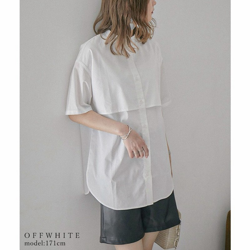 Fashion Letter ケープデザインバンドカラーシャツ レディース シャツ 半袖 夏 おしゃれ 重ね着風 レイヤード トップス コットン 綿 ゆったり ラクチン 楽ちん お洒落 ビッグシルエット オーバーサイズ バンドカラー シャツ レディース トレンド カジュアル きれいめ