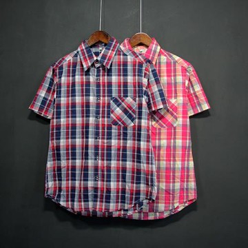 外貿日系男女款復古修身格子短袖襯衣學生夏季青春休閑潮薄襯衫潮