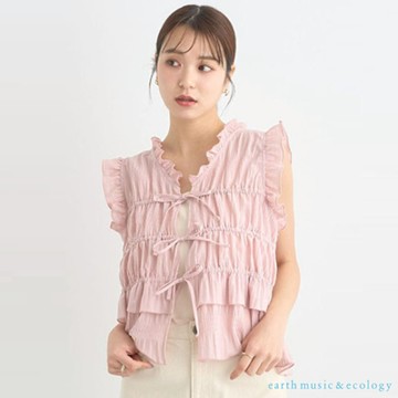 【earth music】荷葉摺邊抓褶蝴蝶結無袖上衣背心