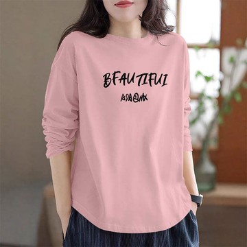 衣時尚 上衣 長袖T卹 印花T恤衫 內搭 S-2XL新款韓版設計感女裝慵懶風簡約復古百搭ins潮流遮肉-7613.