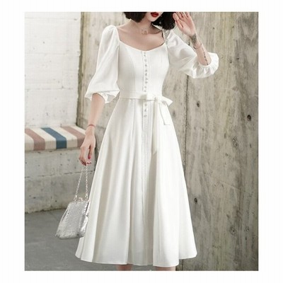 ドレスワンピース白イブニングドレスシンプルロングワンピースミモレ丈30代40代バックコンシャス無地かわいいボリューム袖五分丈 通販 Lineポイント最大get Lineショッピング