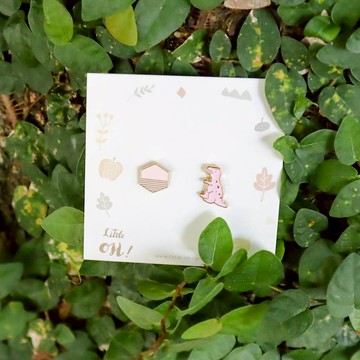 粉色暴龍 幾何六角 夾式耳環