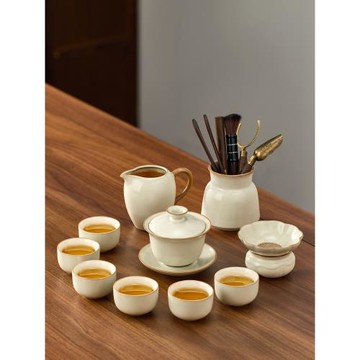 (免運)文白汝窯蓋碗功夫茶具家用2025新款茶具套裝高檔辦公會客喝茶整套