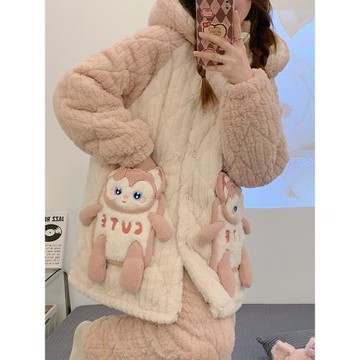 (免運)睡衣女2025年新款秋冬季三層夾棉加厚保暖珊瑚絨可外穿連帽家居服